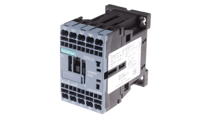 Contattore Siemens 3RT2016-2AP02, 3 poli, 9 A, 4 kW, tensione bobina 230 V c.a., dimensioni 45x70x73 mm.