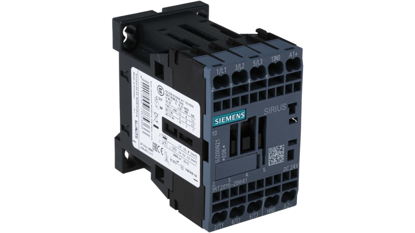 Contattore Siemens 3RT2016-2BB41, 3 poli, 9A, 24V c.c. - Ideale per alimentatori di carico e relè di monitoraggio. Adatto per motori IE3/4.