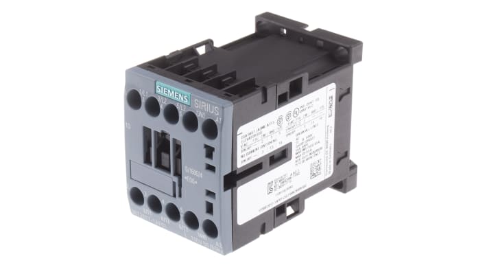 Contattore Siemens 3RT2017-1AF01, 3 poli, 12A, 5,5 kW, 110V c.a. per motori trifase. Resistente agli urti e a lunga durata.