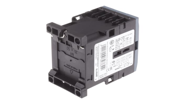 Contattore Siemens 3RT2017-1AF01, 3 poli, 12A, 5,5 kW, 110V c.a. per motori trifase. Resistente agli urti e a lunga durata.