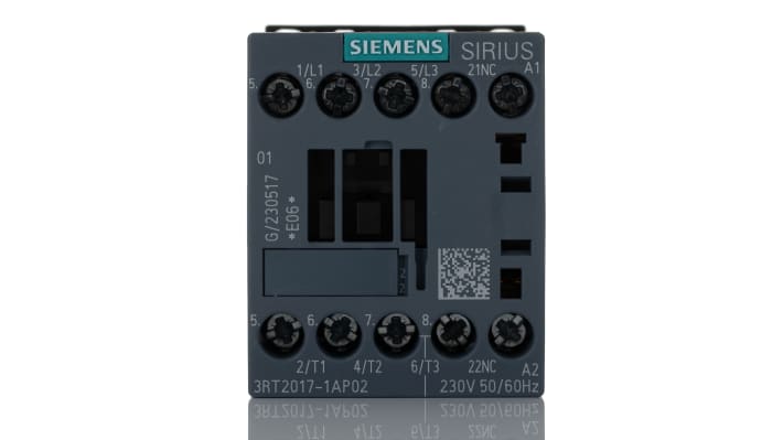 Contattore Siemens 3RT2017-1AP02, 3 poli, 12 A, bobina 230 V c.a. per alta potenza. Montaggio su guida DIN, ritardi rapidi.