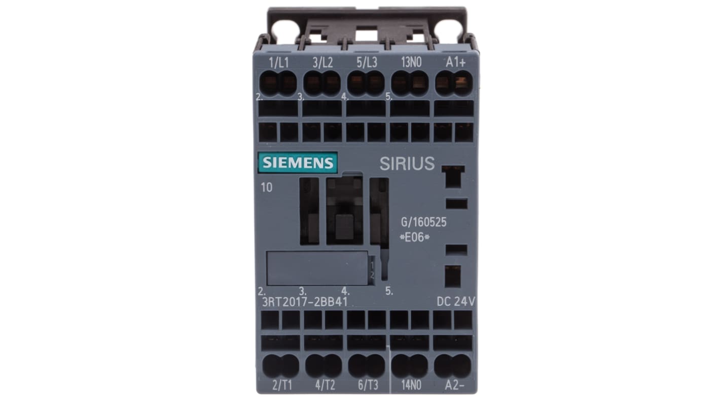 Contattore Siemens 3RT2017-2BB41 3 poli 3NO 12A 5,5 kW 24V DC - Serie SIRIUS Innovation per gestire carichi a bassa tensione in ambienti industriali.