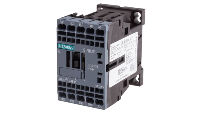 Contattore Siemens 3RT2017-2BB41 3 poli 3NO 12A 5,5 kW 24V DC - Serie SIRIUS Innovation per gestire carichi a bassa tensione in ambienti industriali.