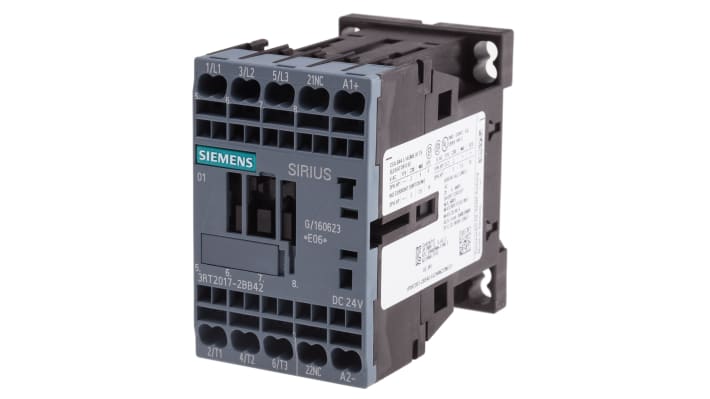 Contattore Siemens 3RT2017-2BB42, 3 poli, 12 A, 5,5 kW, bobina 24 V dc. Ideale per applicazioni industriali con tempi di commutazione rapidi.