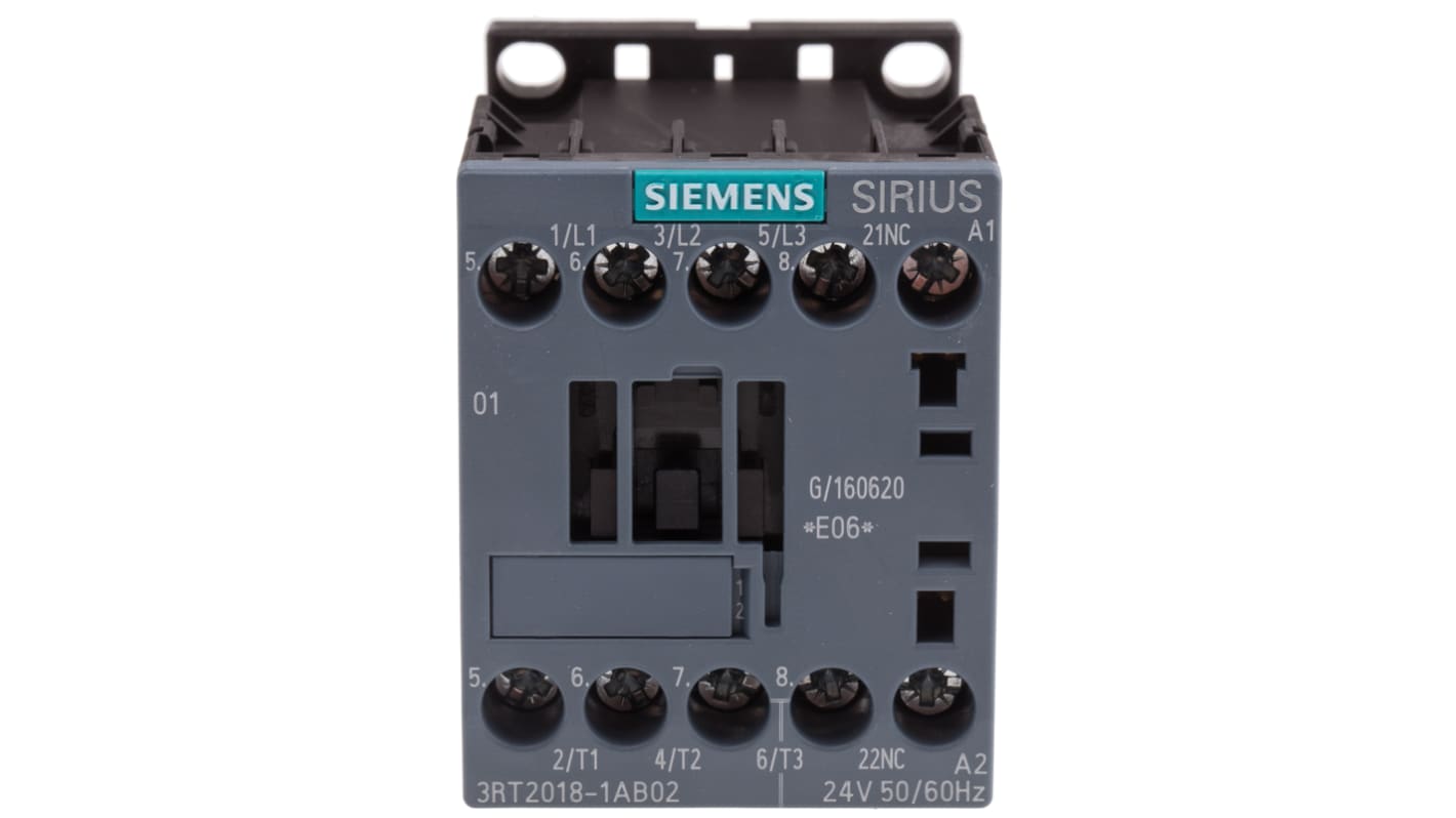 Contattore Siemens 3RT2018-1AB02, 3 poli, 16 A, 7,5 kW, bobina 24 V c.a. Resistente agli agenti atmosferici, ideale per applicazioni globali.