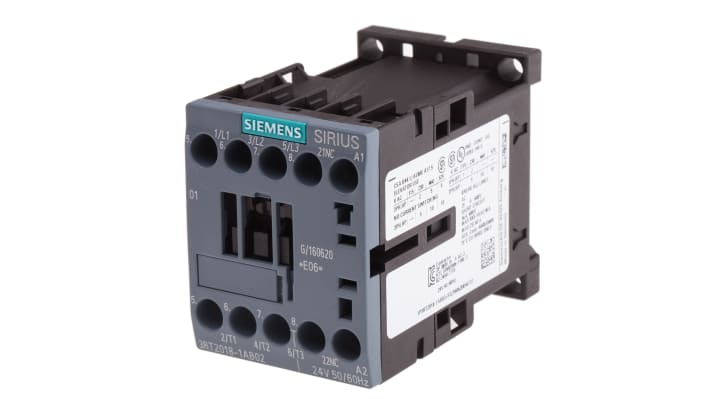 Contattore Siemens 3RT2018-1AB02, 3 poli, 16 A, 7,5 kW, bobina 24 V c.a. Resistente agli agenti atmosferici, ideale per applicazioni globali.