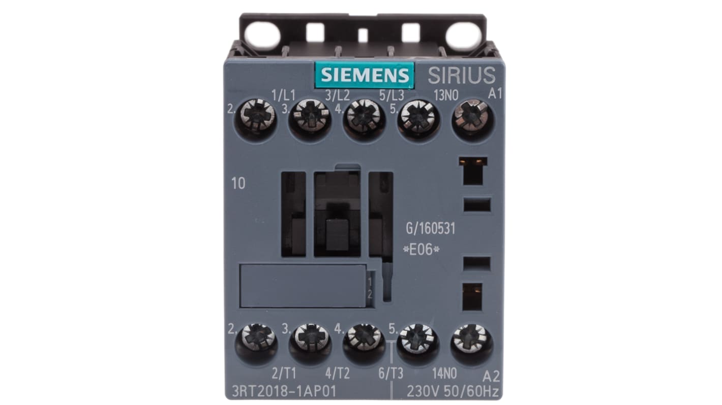 Contattore tripolare Siemens 3RT2018-1AP01, 16 A, 7,5 kW, 230 V c.a., dimensioni 57,5 x 45 x 73 mm, IP20.