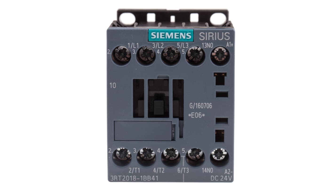Contattore tripolare Siemens 3RT2018-1BB41 16A 24V CC - Serie SIRIUS per applicazioni industriali. Potenza 7,5 kW, fusibili integrati, morsetti a vite.