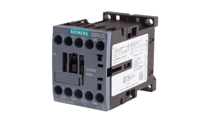 Contattore tripolare Siemens 3RT2018-1BB41 16A 24V CC - Serie SIRIUS per applicazioni industriali. Potenza 7,5 kW, fusibili integrati, morsetti a vite.