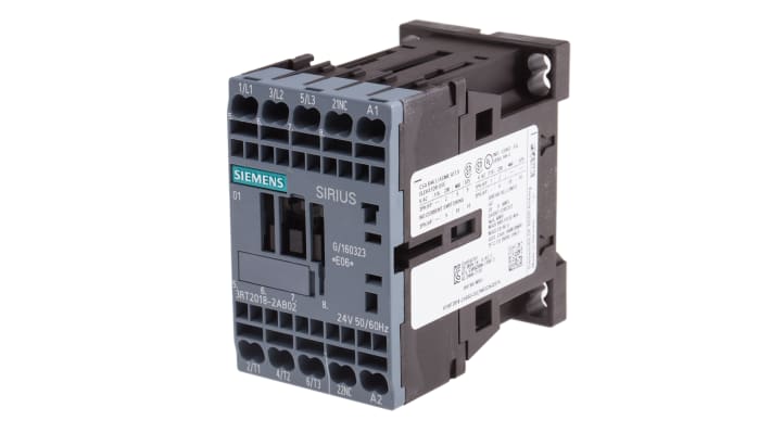 Contattore Siemens 3RT2018-2AB02, 3 poli, 16 A, 24 V c.a., dimensioni 45x70x73 mm, conforme a CE e UL.