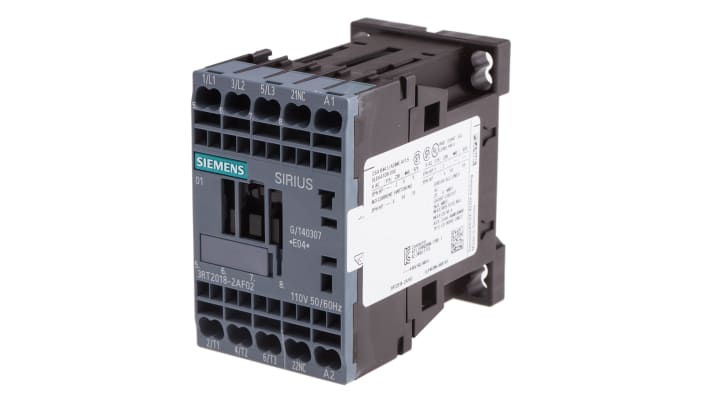 Contattore Siemens 3RT2018-2AF02, 3 poli, 16 A, bobina 110 V c.a., dimensioni 45x70x73 mm, temperatura operativa -25°C/+60°C.