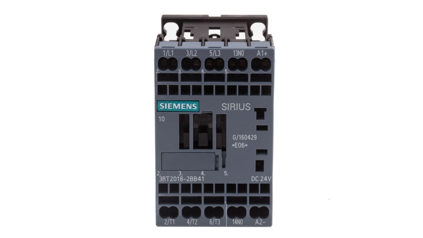 Contattore Siemens 3RT2018-2BB41, 3 poli, 16 A, 7,5 kW, 24 V dc - Resistente agli agenti atmosferici, certificato per uso globale.