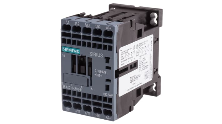 Contattore Siemens 3RT2018-2BB41, 3 poli, 16 A, 7,5 kW, 24 V dc - Resistente agli agenti atmosferici, certificato per uso globale.