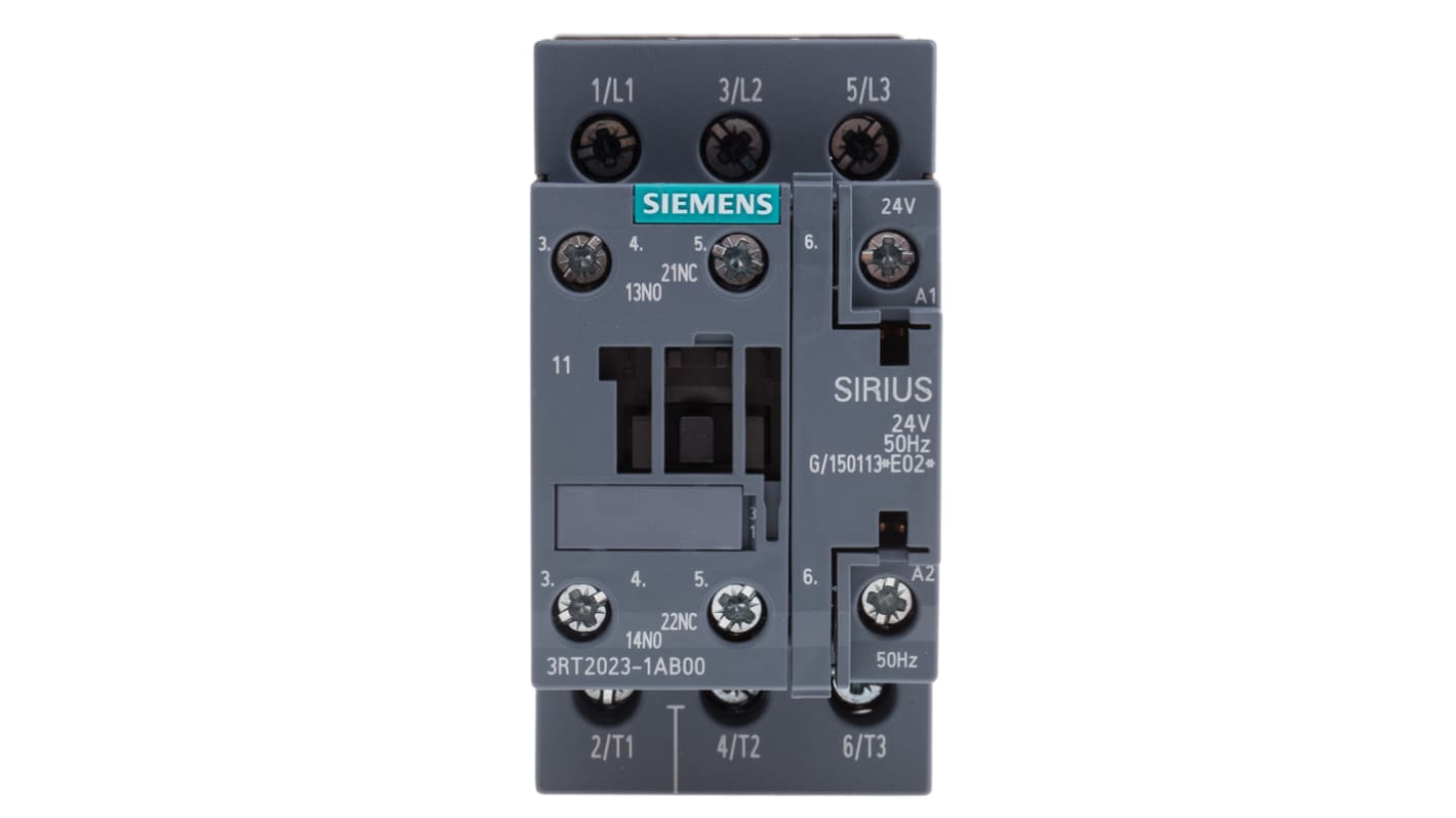 Contattore Siemens 3RT2023-1AB00, 3 poli, 9 A, bobina 24 V c.a., dimensioni 45x85x92 mm, montaggio a vite.