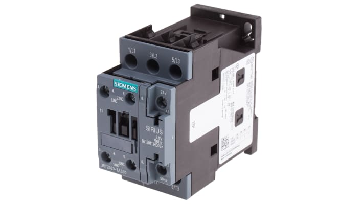 Contattore Siemens 3RT2023-1AB00, 3 poli, 9 A, bobina 24 V c.a., dimensioni 45x85x92 mm, montaggio a vite.