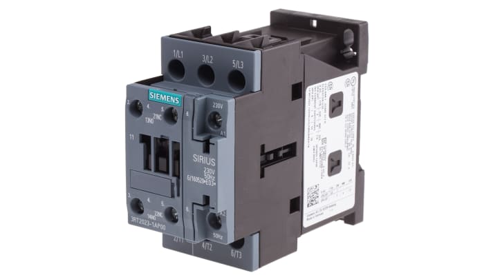 Contattore Siemens 3RT2023-1AP00, 3RT2, 3 poli, 9 A, 4 kW, 230 V c.a. Resistente agli agenti atmosferici, ideale per applicazioni globali.