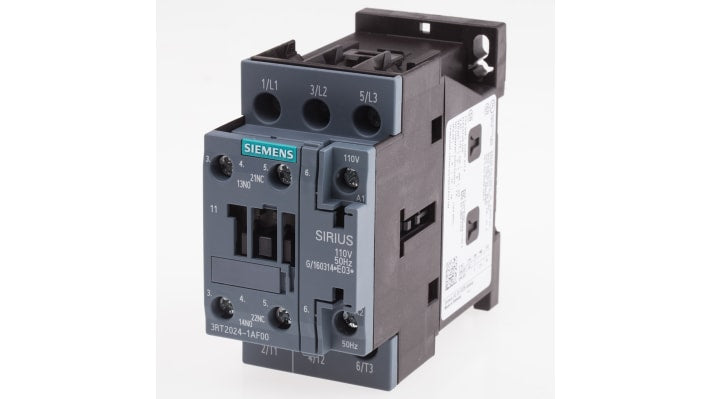 Contattore Siemens 3RT2024-1AF00, 3 poli, 12 A, 5,5 kW, montaggio su guida DIN, dimensioni 85x45x97 mm.
