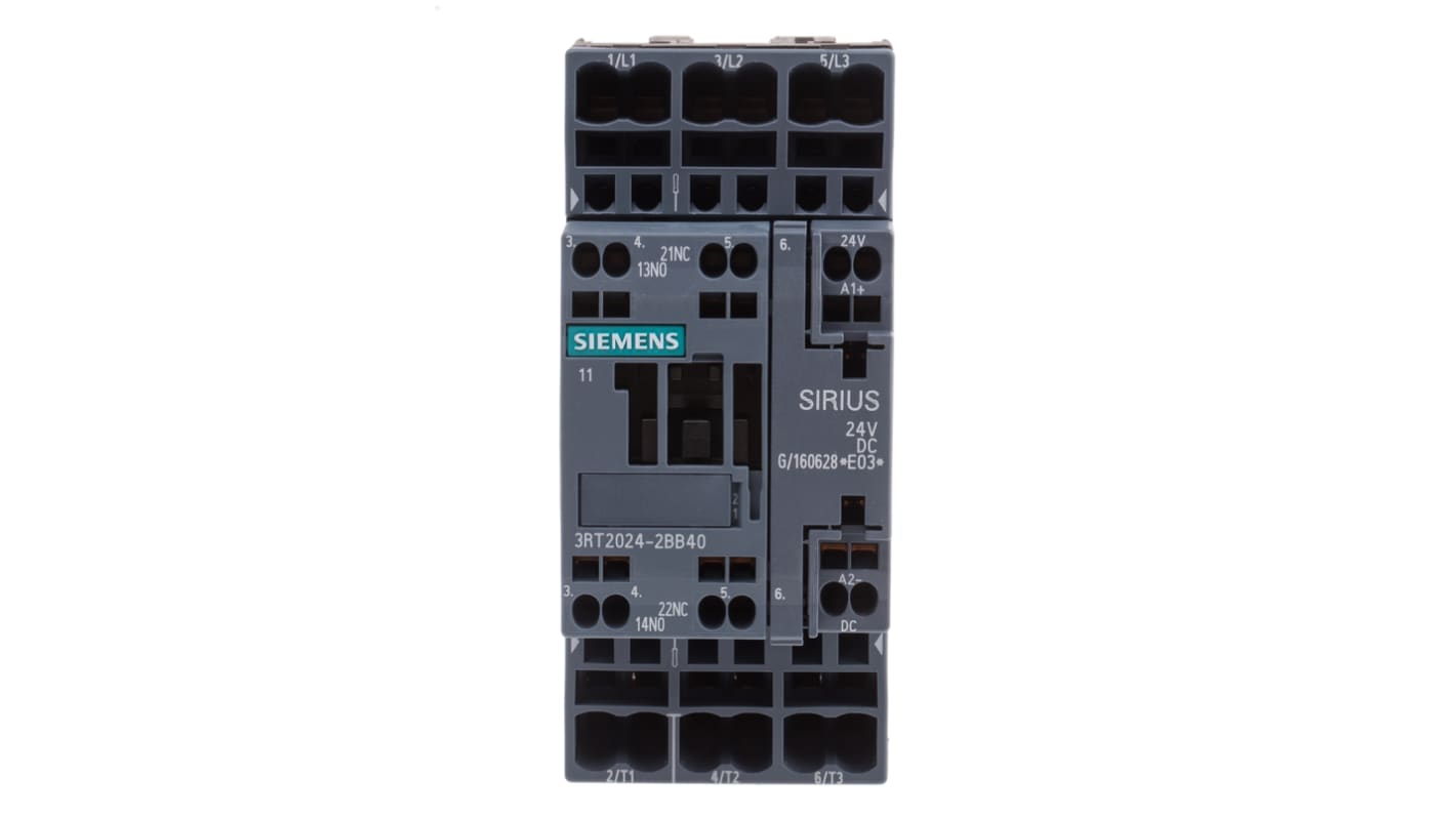 Contattore Siemens 3RT2024-2BB40 3 poli 3NO 12A 5,5 kW 24V DC - Resistente, certificato per uso globale, bassa perdita di potenza - Ideale per applicazioni industriali.