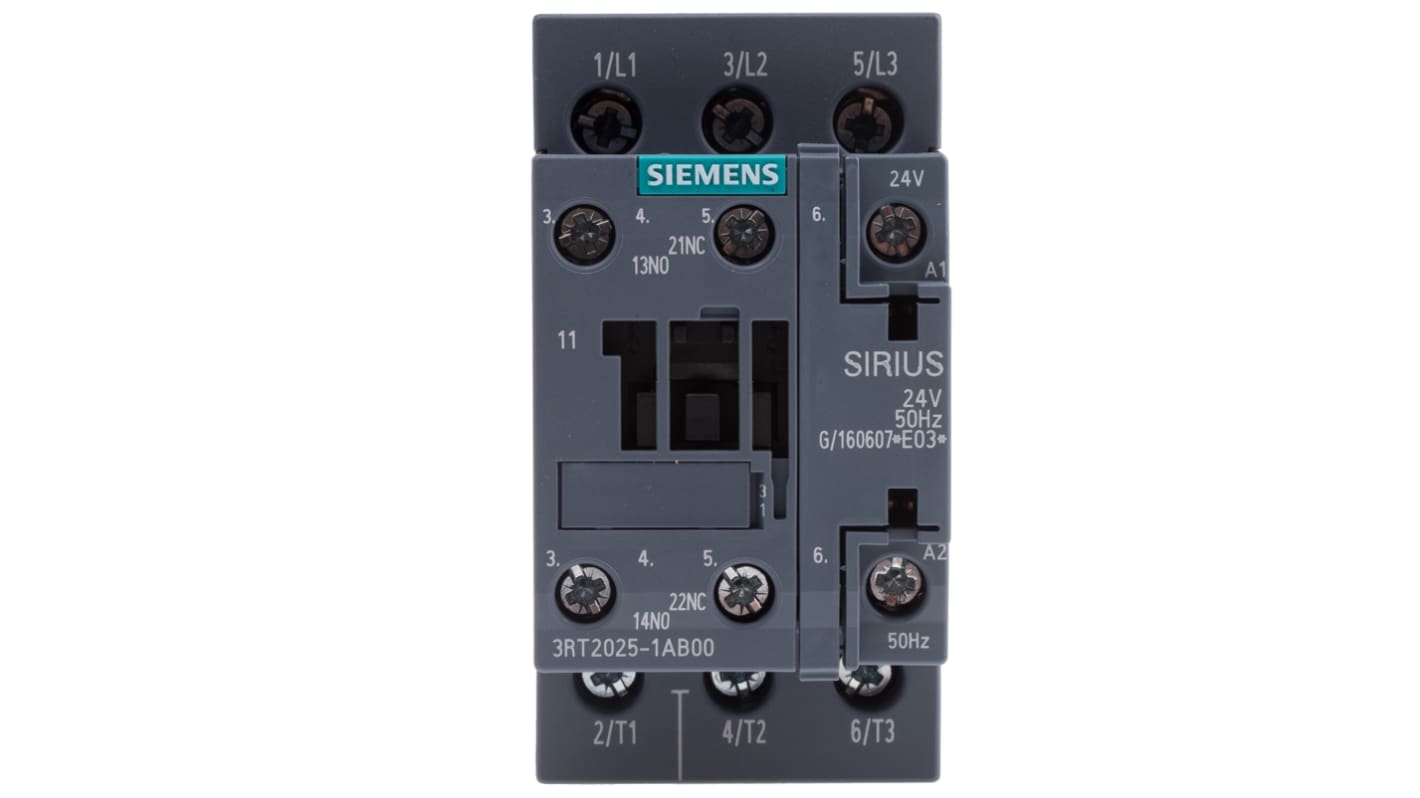 Contattore di potenza Siemens 3RT2025-1AB00, 3 poli, 16 A, montaggio su guida DIN, dimensioni 45x85x97 mm.