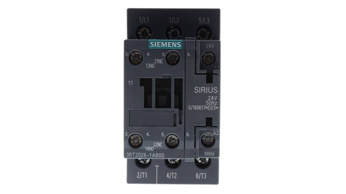 Contattore Siemens 3RT2026-1AB00 3 poli 25A 11kW 24V c.a. - Serie SIRIUS per motori industriali.