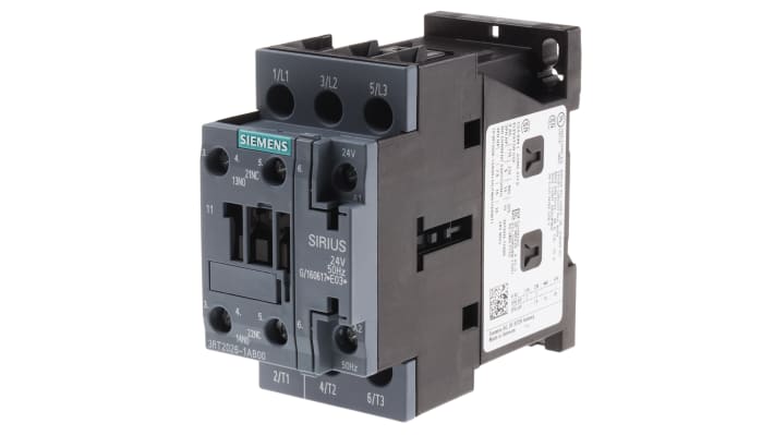Contattore Siemens 3RT2026-1AB00 3 poli 25A 11kW 24V c.a. - Serie SIRIUS per motori industriali.
