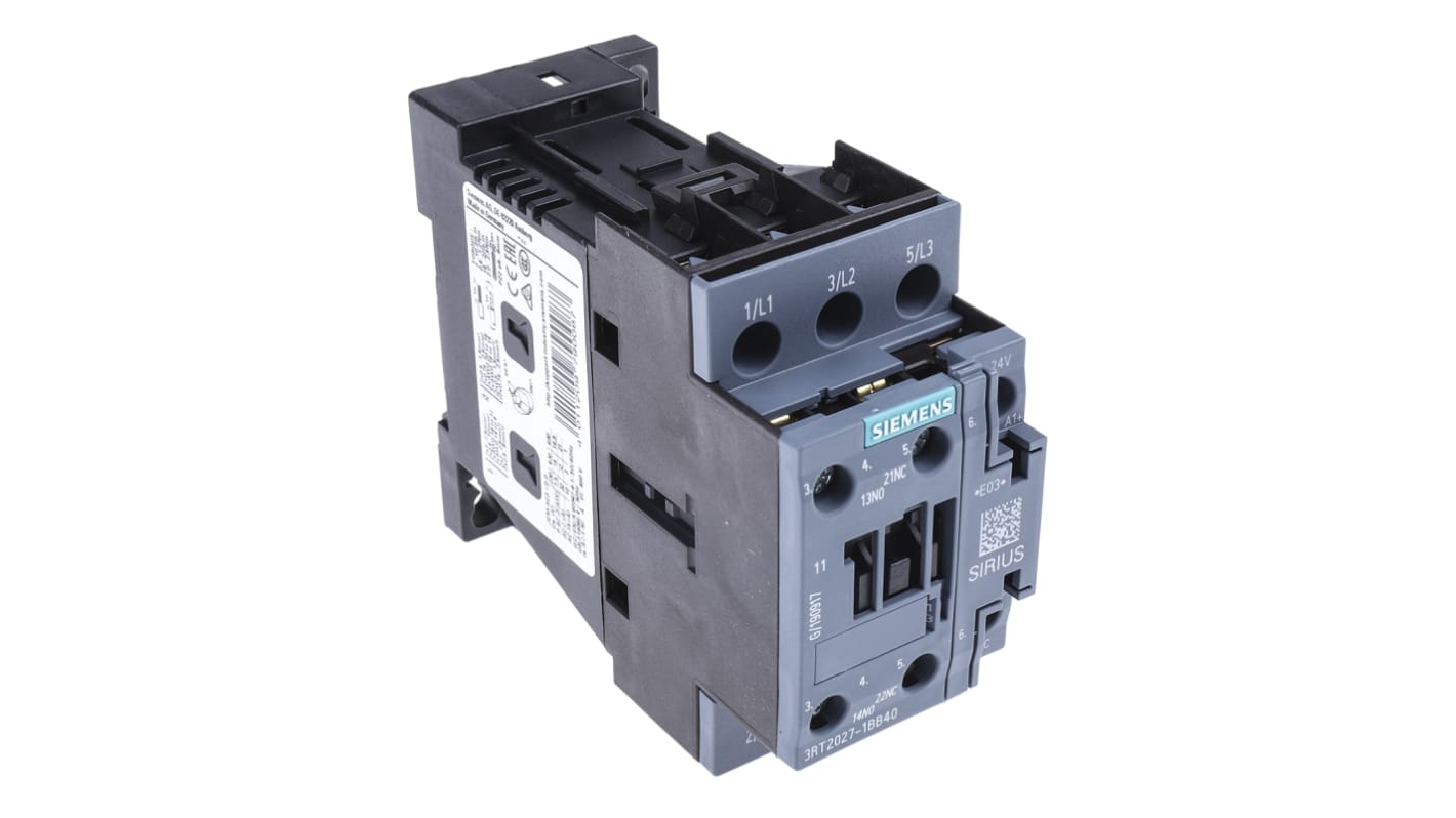 Contattore Siemens 3RT2027-1BB40, 3 poli, 32A, 15kW, 24V c.c. Resistente agli agenti atmosferici per applicazioni pesanti.