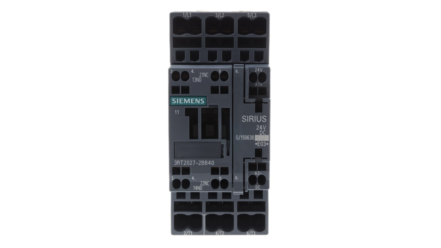Contattore Siemens 3RT2027-2BB40 a 3 poli, 32A, 24V c.c. per carichi trifase. Serie 3RT2 SIRIUS, potenza 15 kW.