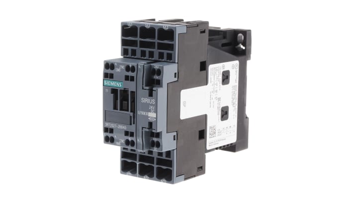 Contattore Siemens 3RT2027-2BB40 a 3 poli, 32A, 24V c.c. per carichi trifase. Serie 3RT2 SIRIUS, potenza 15 kW.