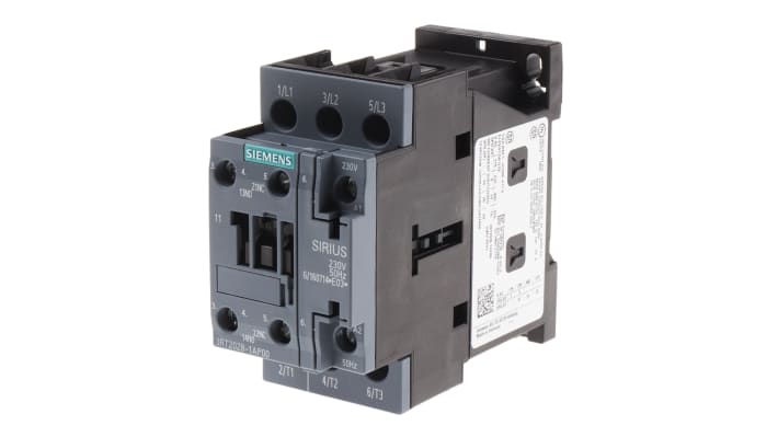 Contattore Siemens 3RT2028-1AP00, 3 poli, 38 A, 18,5 kW, 230 V c.a. Resistente agli agenti atmosferici, certificato per uso globale.