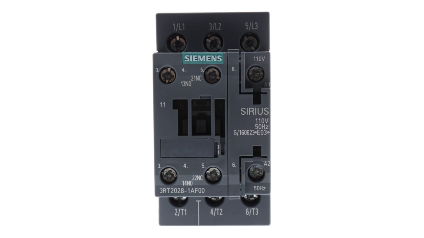 Contattore Siemens 3RT2028-1AF00, 3 poli, 38 A, montaggio su guida DIN, dimensioni 45x85x97 mm, tensione 110 V c.a.