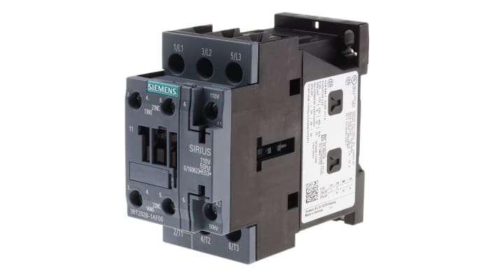 Contattore Siemens 3RT2028-1AF00, 3 poli, 38 A, montaggio su guida DIN, dimensioni 45x85x97 mm, tensione 110 V c.a.