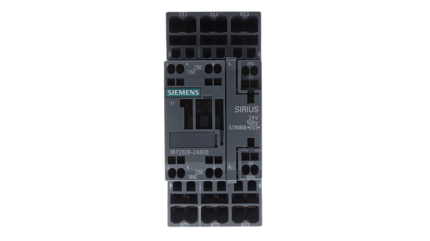 Contattore Siemens 3RT2028-2AB00, 3 poli, 38 A, 24 V c.a., dimensioni 102x45x97 mm, montaggio a vite/morsetto a molla.