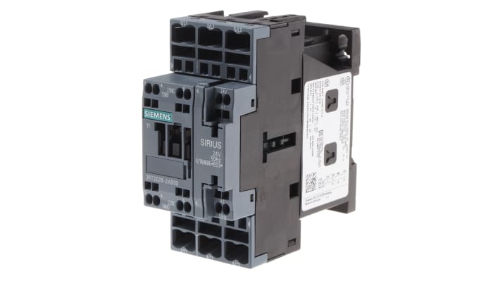 Contattore Siemens 3RT2028-2AB00, 3 poli, 38 A, 24 V c.a., dimensioni 102x45x97 mm, montaggio a vite/morsetto a molla.
