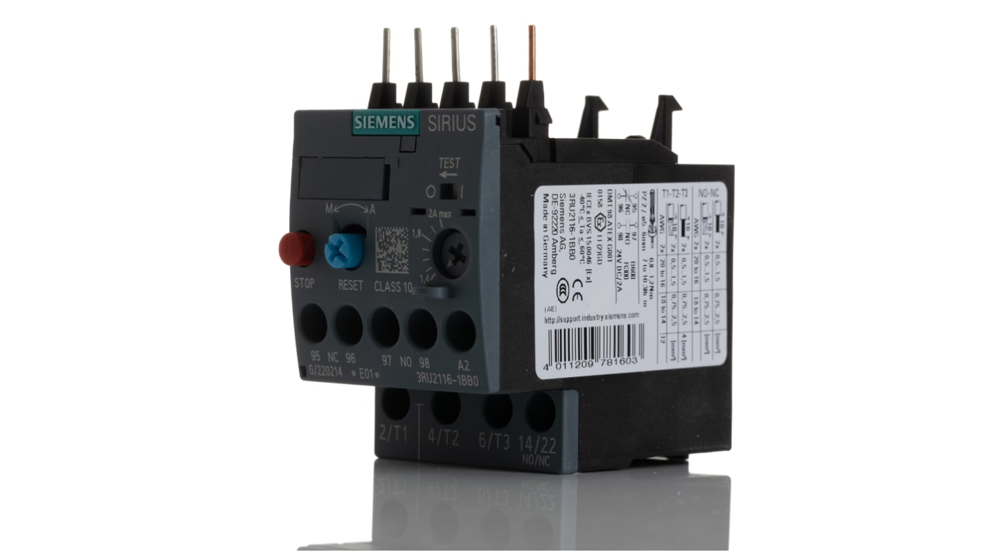 Relè di sovraccarico Siemens 3RU2116-1BB0, 1 NO + 1 NC, FLC 1,4-2A, tensione 690V CA. Resistente, ideale per automazione industriale.