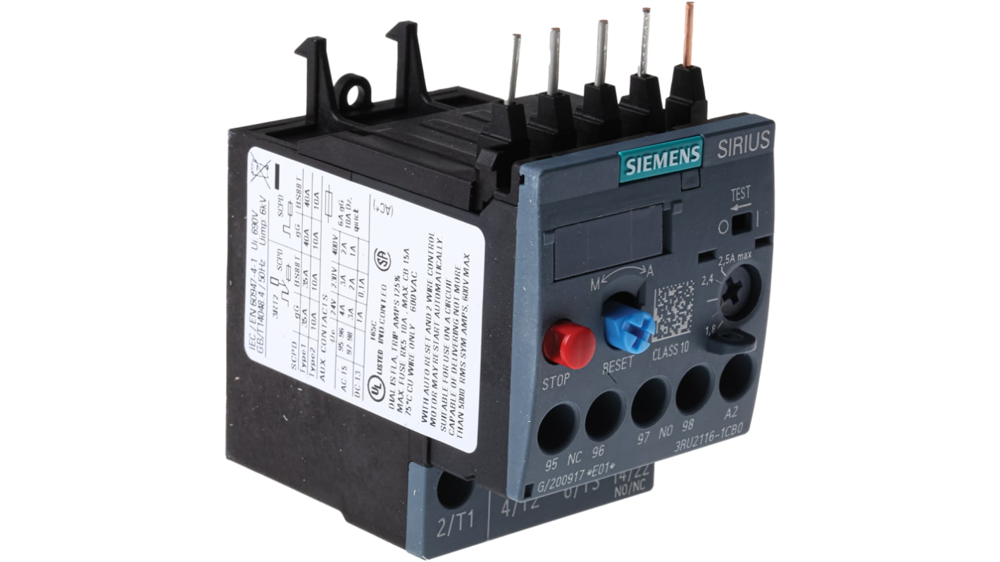 Relè di sovraccarico Siemens 3RU2116-1CB0, 1 NO + 1 NC, montaggio su guida DIN, dimensioni 87x45x73 mm, corrente nominale 2,5 A.