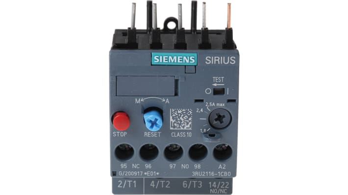 Relè di sovraccarico Siemens 3RU2116-1CB0, 1 NO + 1 NC, montaggio su guida DIN, dimensioni 87x45x73 mm, corrente nominale 2,5 A.