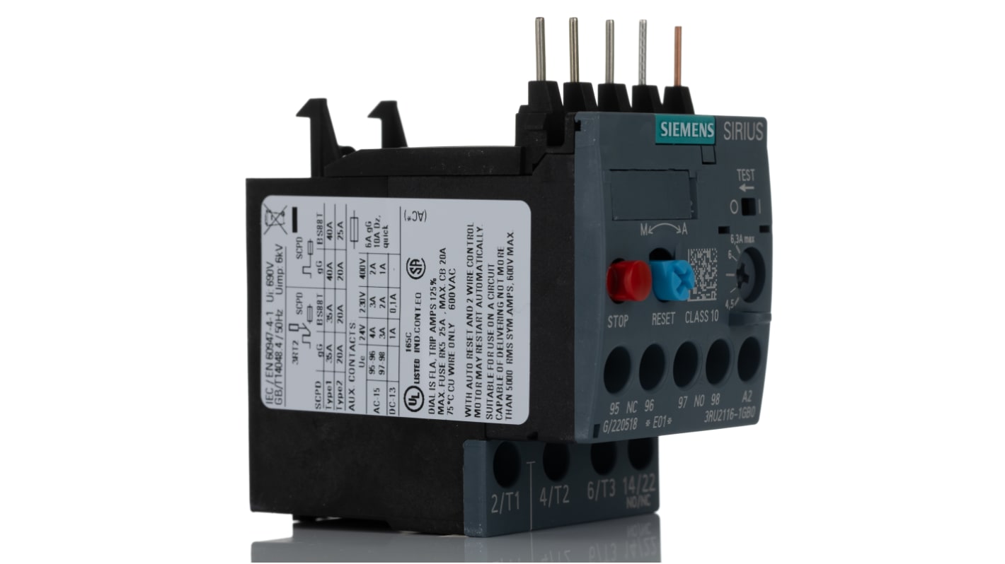 Relè di sovraccarico Siemens 3RU2116-1GB0, tipo termico, 690 V, 4,5-6,3 A, montaggio diretto, dimensioni 45x87x73 mm.