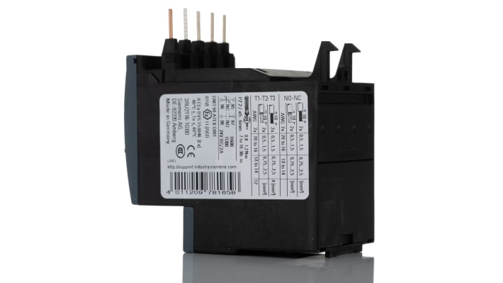 Relè di sovraccarico Siemens 3RU2116-1GB0, tipo termico, 690 V, 4,5-6,3 A, montaggio diretto, dimensioni 45x87x73 mm.