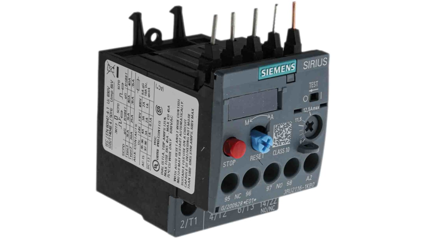 Relè di sovraccarico Siemens 3RU2116-1KB0, 1 NO + 1 NC, corrente nominale 12,5 A, dimensioni 87 x 45 x 73 mm, grado di protezione IP20.