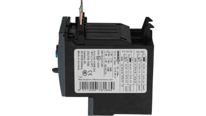 Relè di sovraccarico Siemens 3RU2116-1KB0, 1 NO + 1 NC, corrente nominale 12,5 A, dimensioni 87 x 45 x 73 mm, grado di protezione IP20.