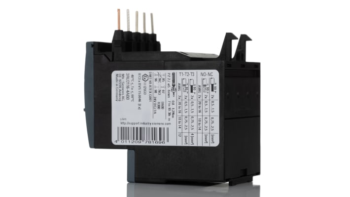 Relè di sovraccarico Siemens 3RU2116-4AB0, 1 NO + 1 NC, corrente nominale 16 A, grado di protezione IP20, dimensioni 45x87x73 mm.