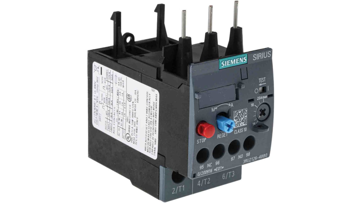 Relè di sovraccarico Siemens 3RU2126-4BB0, 1 NO + 1 NC, carico 14-20 A, montaggio su guida DIN, dimensioni 45x87x73 mm.