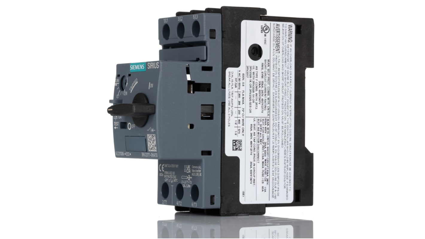 Interruttore automatico protezione motore Siemens 3RV2011-0HA10 - 690V 0,55-0,8A - Serie SIRIUS. Capacità di interruzione 100 kA. Ideale per linee automatizzate.