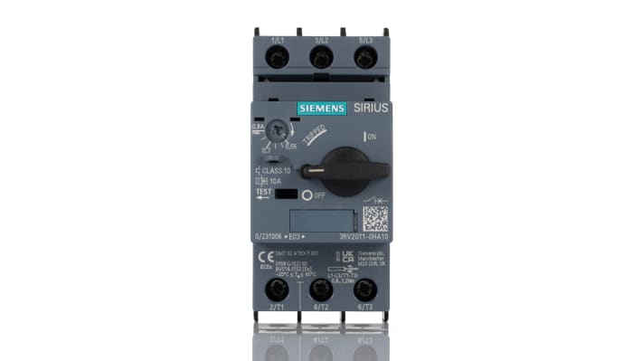 Interruttore automatico protezione motore Siemens 3RV2011-0HA10 - 690V 0,55-0,8A - Serie SIRIUS. Capacità di interruzione 100 kA. Ideale per linee automatizzate.