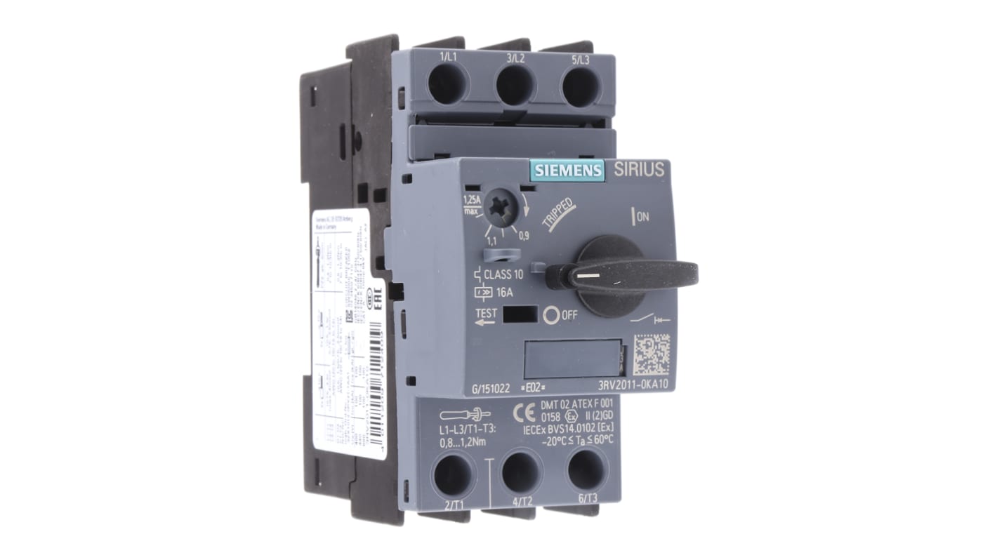Interruttore automatico Siemens 3RV2011-0KA10 per protezione motore, 690V, 6kV - Serie SIRIUS Innovation. Resistente alle sovratensioni, classe 10.