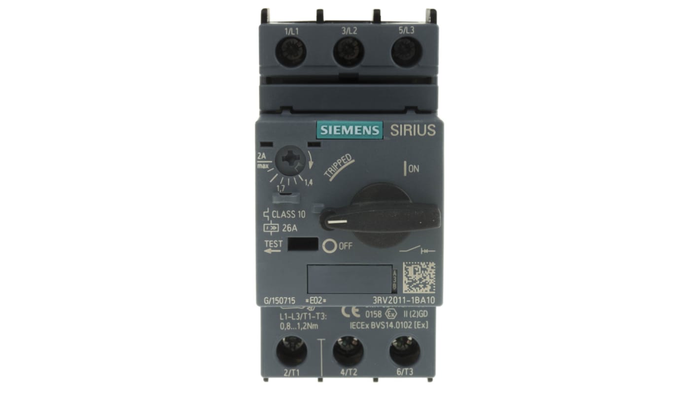 Interruttore automatico protezione motore Siemens 3RV2011-1BA10, 690V 1,4-2A SIRIUS. Protezione avanzata per motori industriali.