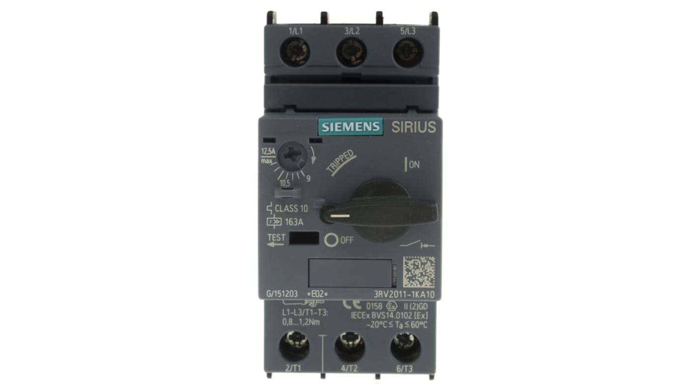 Interruttore automatico motore Siemens 3RV2011-1KA10, 12A. Protezione cortocircuiti, vita meccanica 100.000 cicli. Efficienza energetica e sicurezza ottimali.