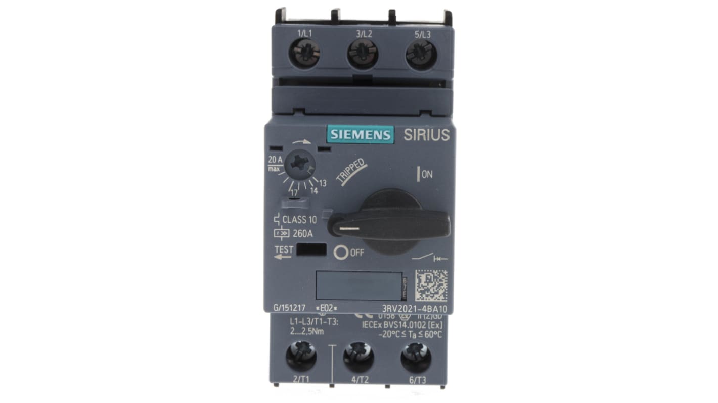 Interruttore automatico protezione motore Siemens 3 poli 20A - Serie Sirius Innovation 3RV2 - Codice 3RV2021-4BA10. Sicurezza e affidabilità per ambienti industriali.