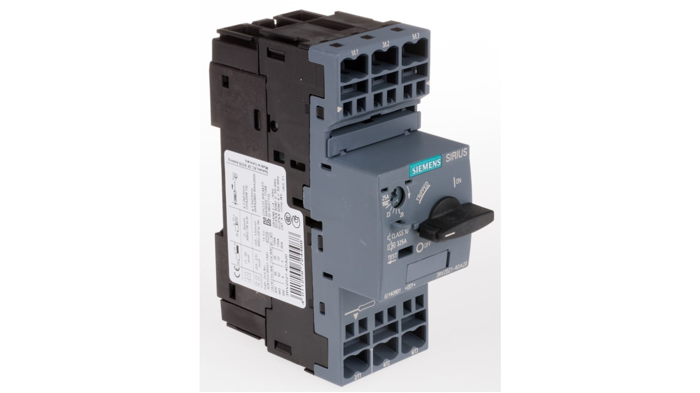 Interruttore automatico del motore Siemens 3RV2021-4DA20, 25 A SIRIUS. Classe 10, tensione isolamento 690 V. Approvato CE/UL/CSA.