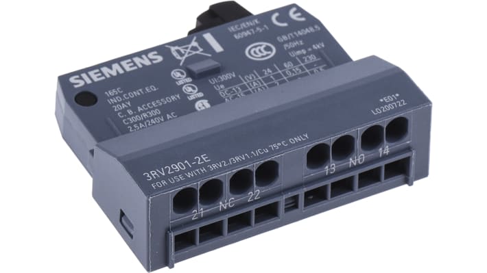 Contatto ausiliario Siemens 3RV2901-2E, 2 contatti N/C + N/A, montaggio a innesto. Ideale per accessori interruttori di protezione.